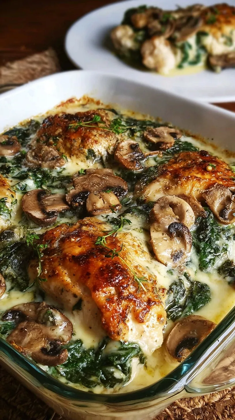 A 9x13 baking dish containing golden chicken breasts topped with green spinach, brown mushrooms, and bubbly melted mozzarella cheese.