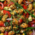 Mediterranean Chicken Stir-Fry with zucchini, peppers, and feta in a skillet