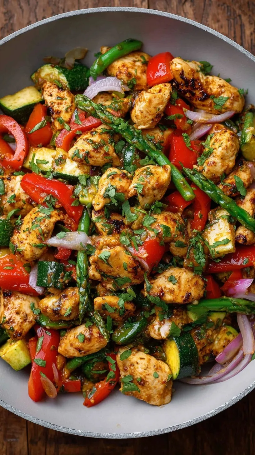 Mediterranean Chicken Stir-Fry with zucchini, peppers, and feta in a skillet