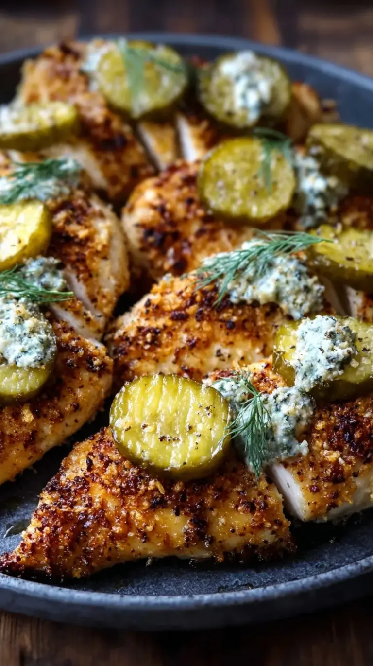A plate of golden brown Dill Pickle Parmesan Chicken topped with fresh diced pickles and dill.