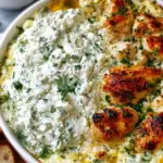 A creamy Mediterranean chicken and rice casserole topped with fresh cucumber and feta cheese in a white baking dish.