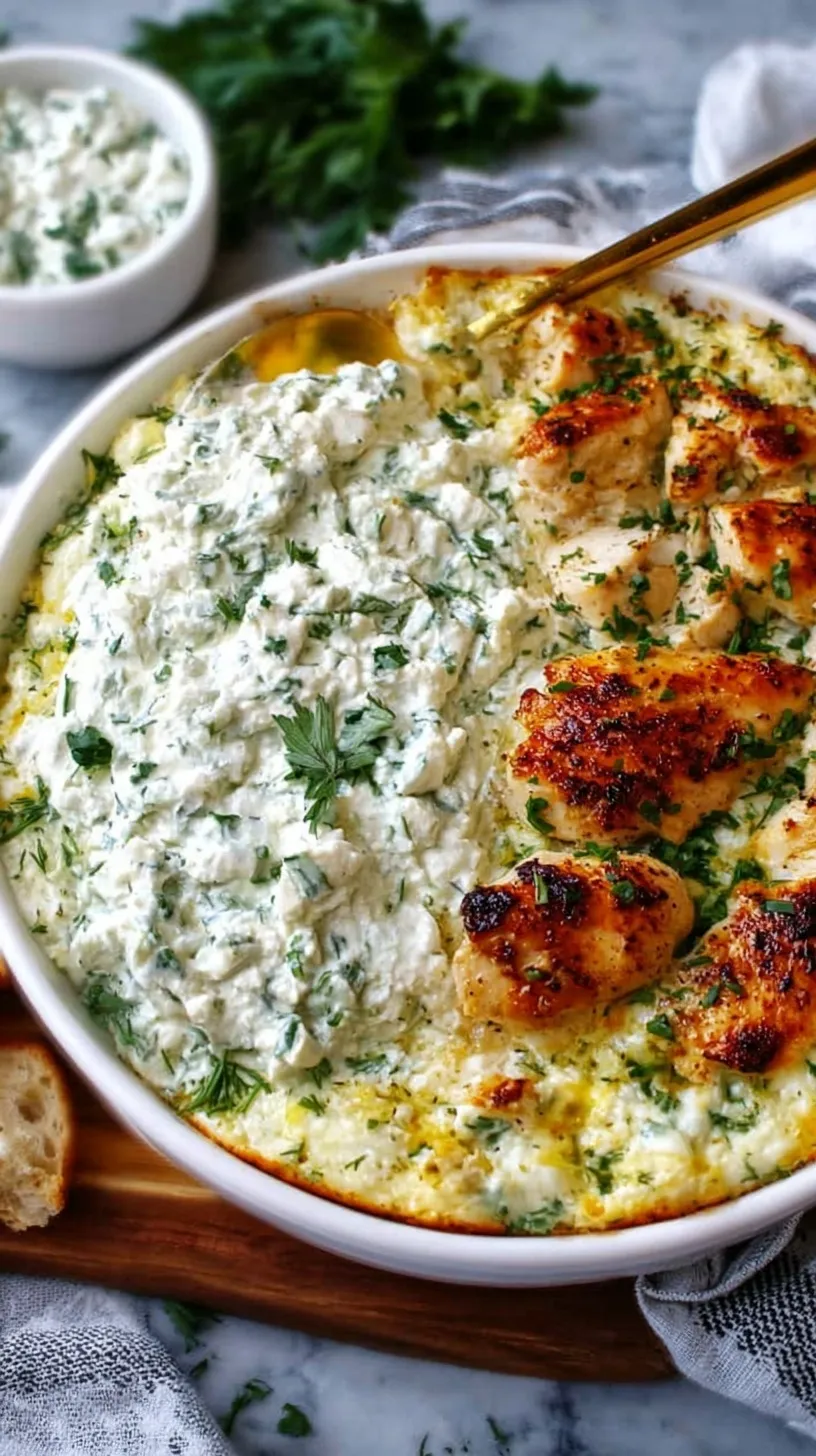 A creamy Mediterranean chicken and rice casserole topped with fresh cucumber and feta cheese in a white baking dish.