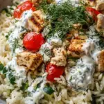 A baking dish filled with golden chicken and rice topped with creamy tzatziki, feta, and fresh dill.