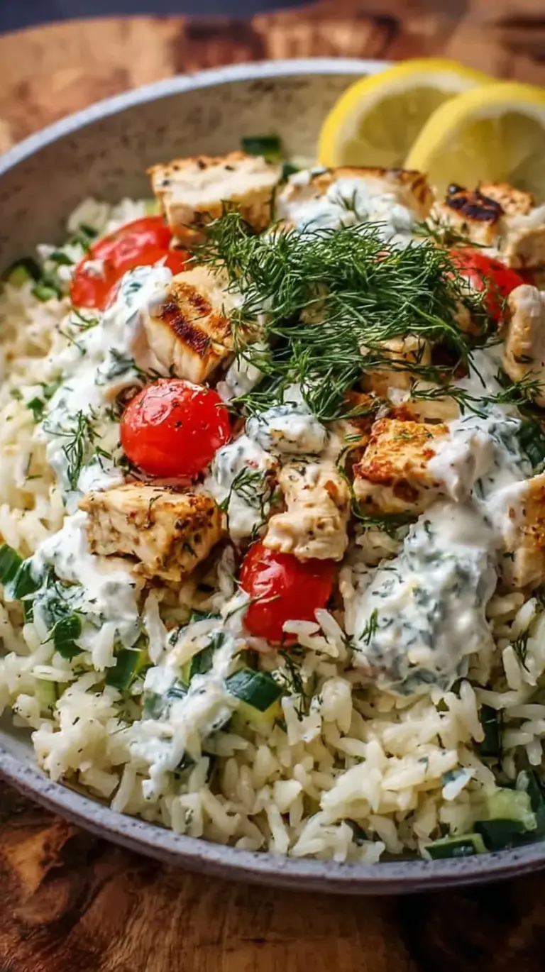 A baking dish filled with golden chicken and rice topped with creamy tzatziki, feta, and fresh dill.