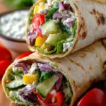 Two Mediterranean Veggie Wraps sliced diagonally showing layers of hummus, spinach, and colorful vegetables.