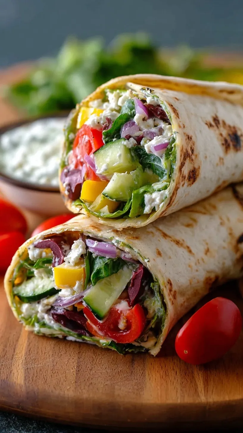 Two Mediterranean Veggie Wraps sliced diagonally showing layers of hummus, spinach, and colorful vegetables.