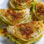 Golden brown and crispy air fryer cabbage wedges seasoned with smoked paprika and garlic on a plate.