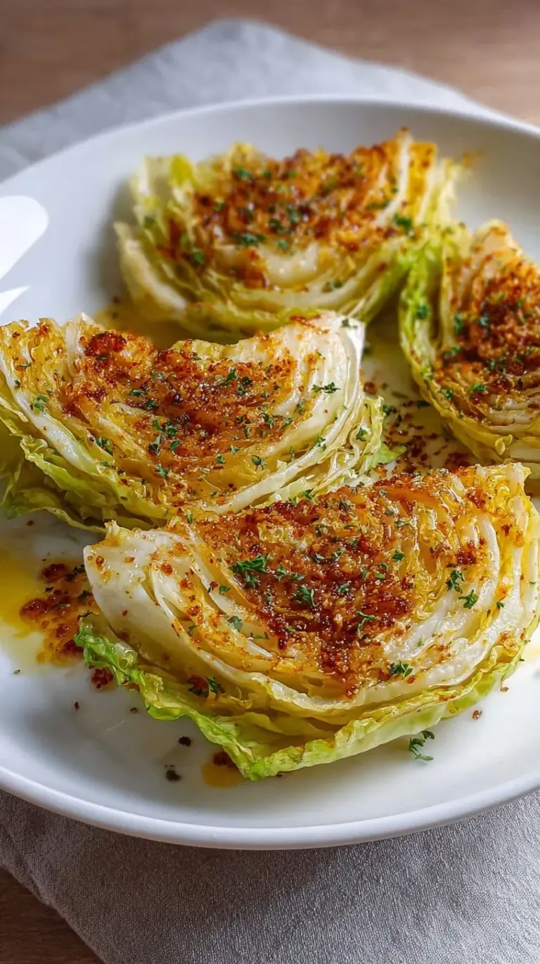 Golden brown and crispy air fryer cabbage wedges seasoned with smoked paprika and garlic on a plate.