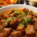 A bowl of spicy beef vindaloo curry with fresh herbs and fluffy rice.