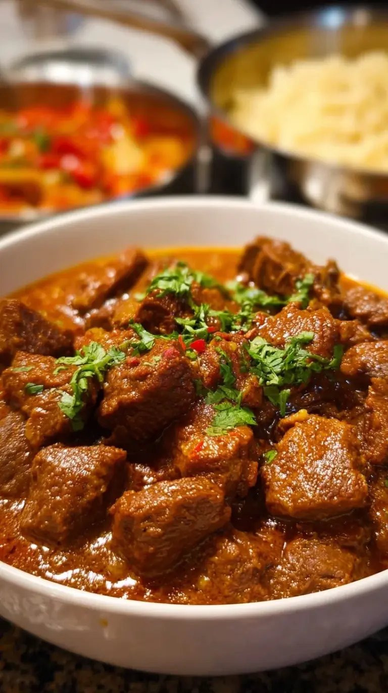 A bowl of spicy beef vindaloo curry with fresh herbs and fluffy rice.