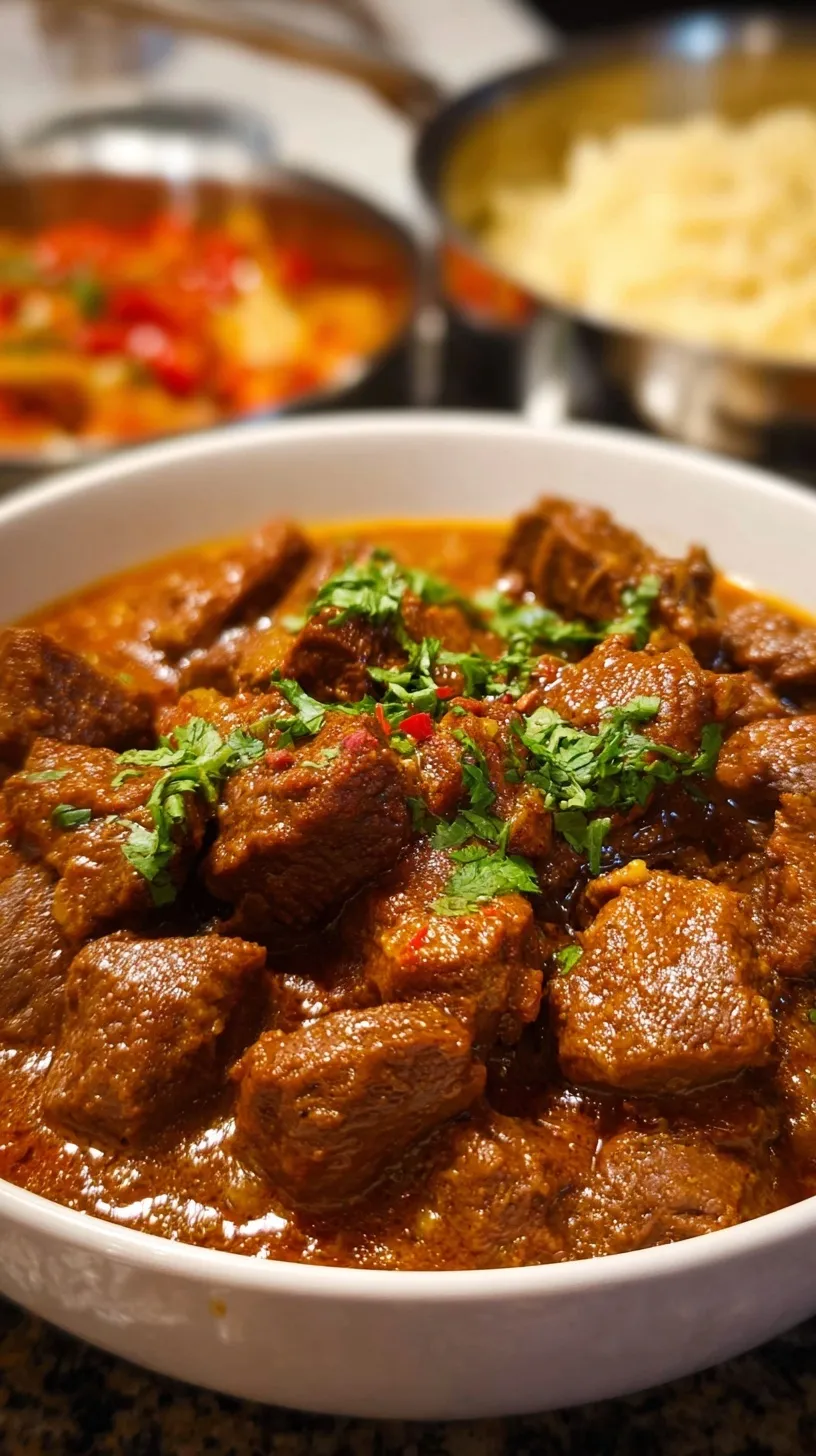 A bowl of spicy beef vindaloo curry with fresh herbs and fluffy rice.