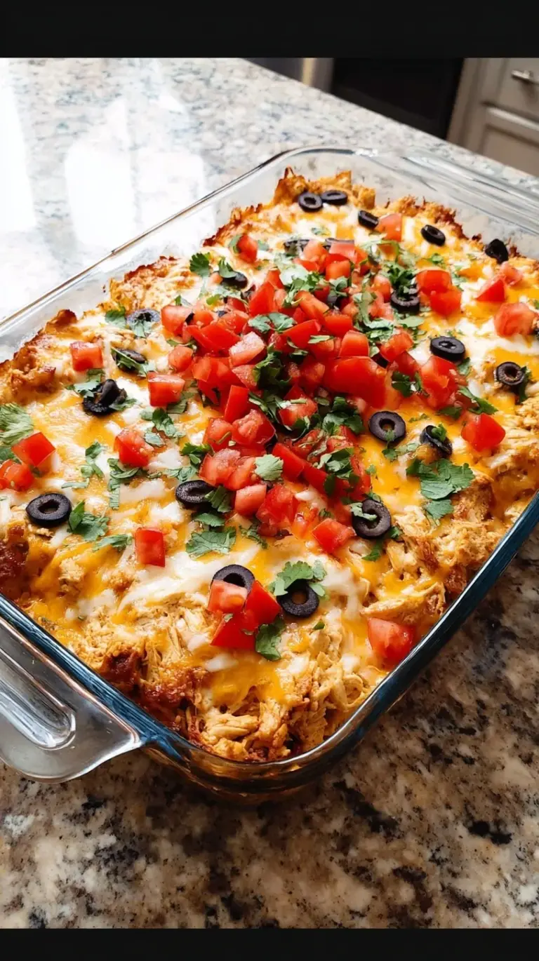 A golden, cheesy chicken burrito casserole in a baking dish with layers of tortillas and black beans.