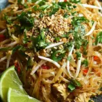 A steaming bowl of easy chicken pad thai with fresh lime, cilantro, and crushed peanuts.