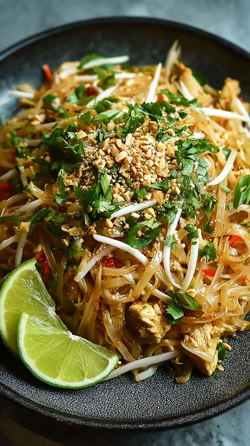 A steaming bowl of easy chicken pad thai with fresh lime, cilantro, and crushed peanuts.