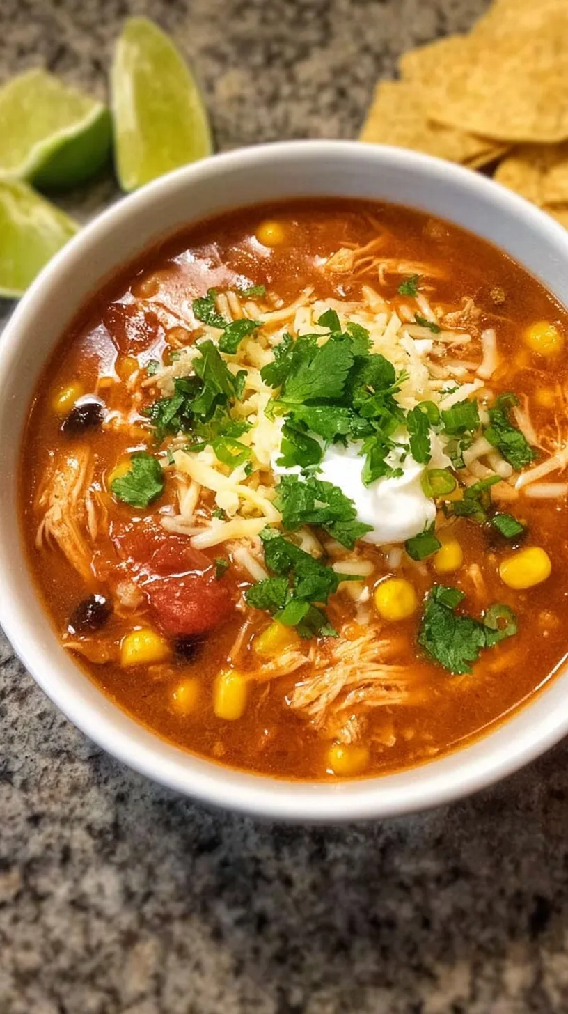 A steaming bowl of chicken taco soup topped with shredded cheese and fresh cilantro.