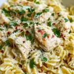 A close-up shot of creamy garlic parmesan chicken pasta with fresh spinach and parsley in a white bowl.