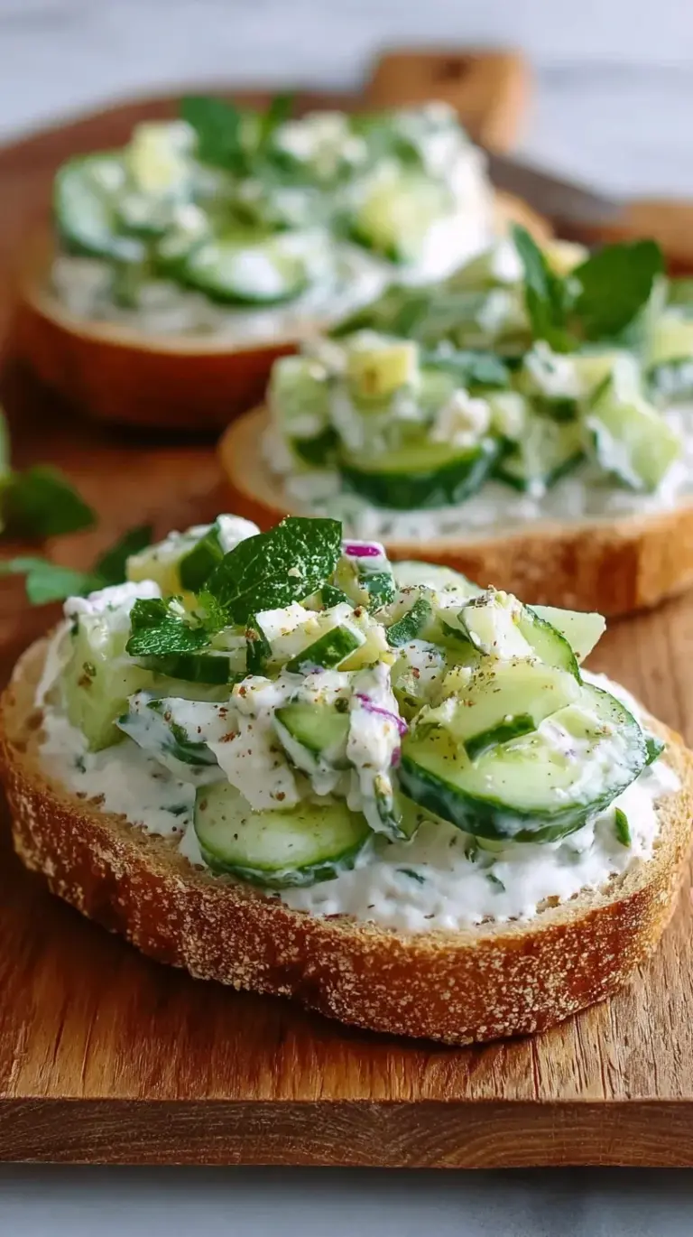 Refreshing cucumber salad sandwiches with creamy yogurt and feta on sourdough bread
