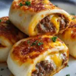 Golden brown cheeseburger rollups brushed with garlic butter on a baking sheet
