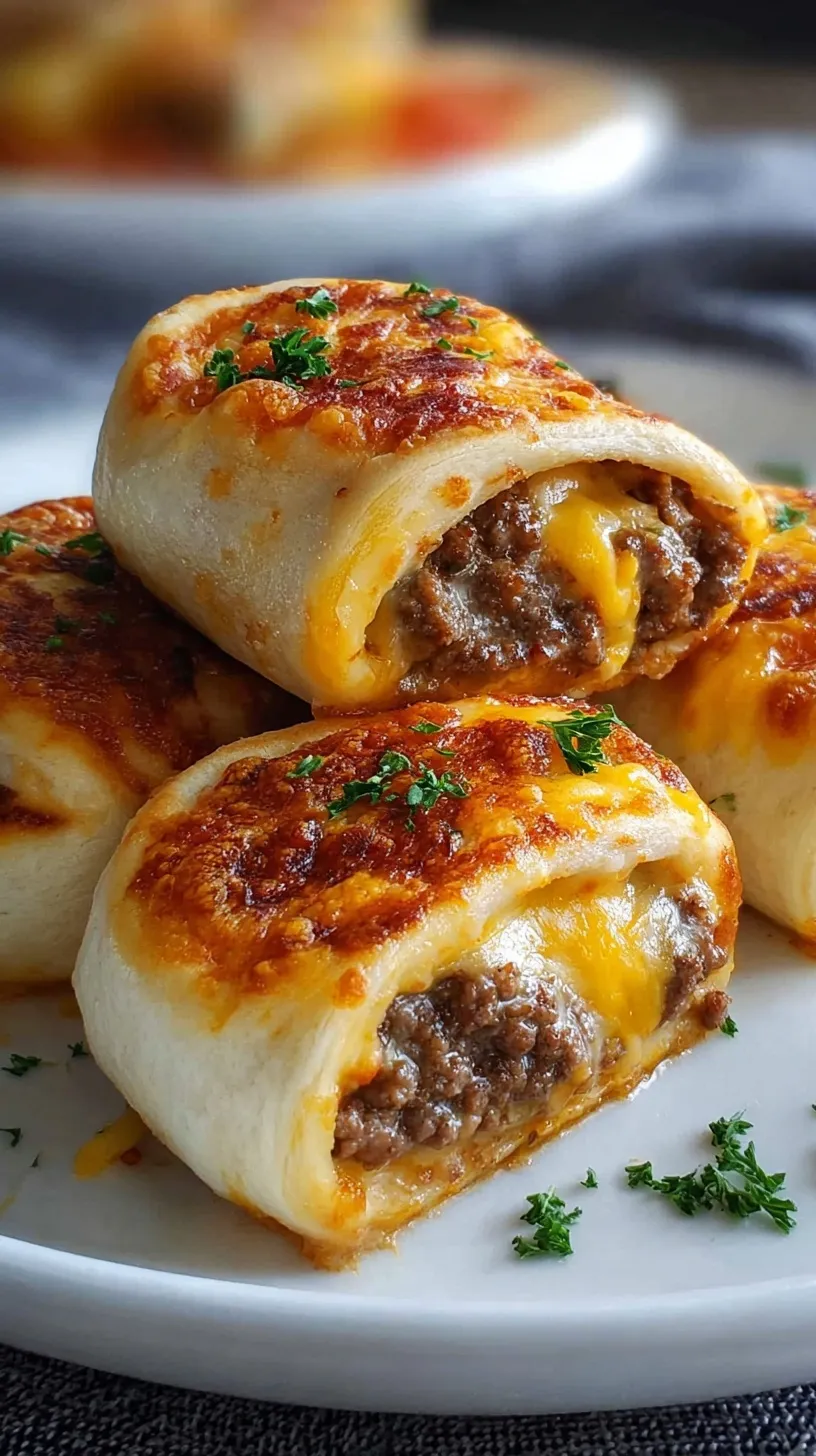 Golden brown cheeseburger rollups brushed with garlic butter on a baking sheet