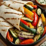 Grilled zucchini, peppers, and onions inside a flour tortilla with hummus and spinach.