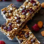 Homemade high protein no-bake granola bars sliced into rectangles on parchment paper