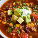 A steaming bowl of high protein taco soup with beans, corn, and lean beef.