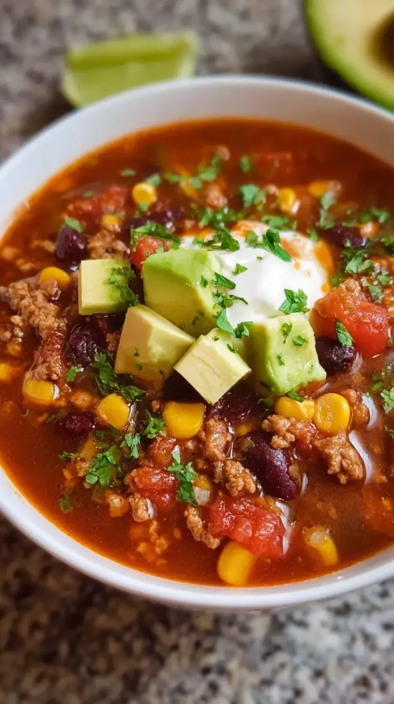 A steaming bowl of high protein taco soup with beans, corn, and lean beef.