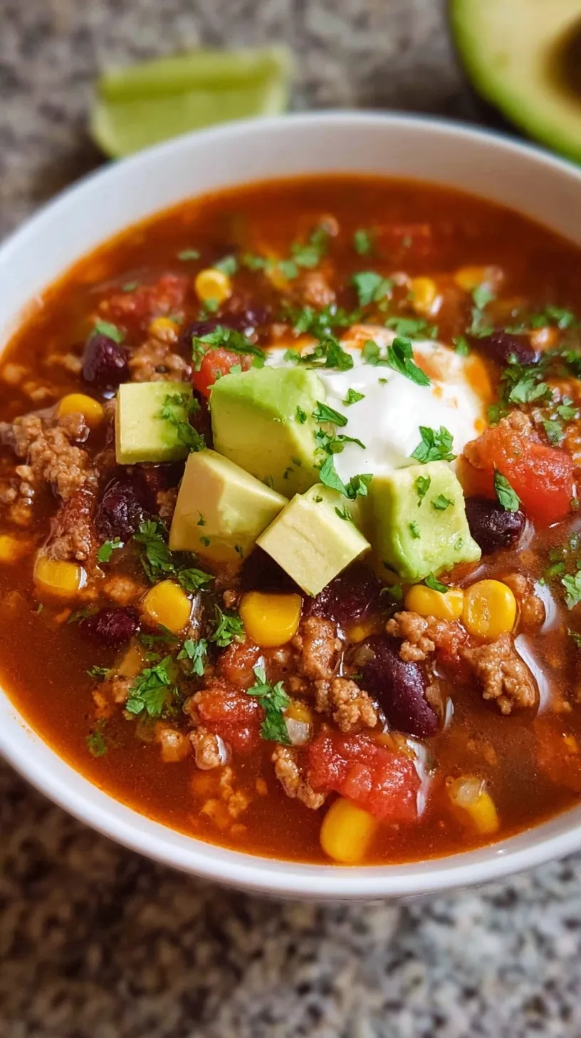 A steaming bowl of high protein taco soup with beans, corn, and lean beef.