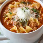 A steaming bowl of lasagna soup topped with a dollop of ricotta and melted mozzarella cheese.