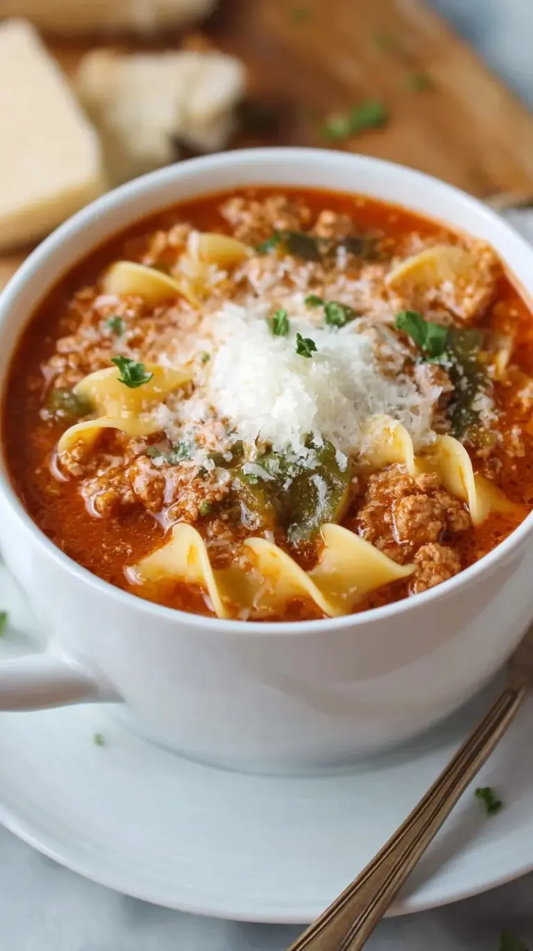 A steaming bowl of lasagna soup topped with a dollop of ricotta and melted mozzarella cheese.
