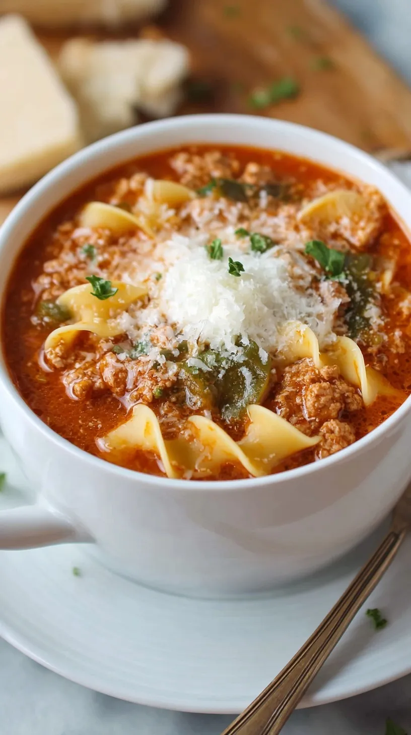 A steaming bowl of lasagna soup topped with a dollop of ricotta and melted mozzarella cheese.