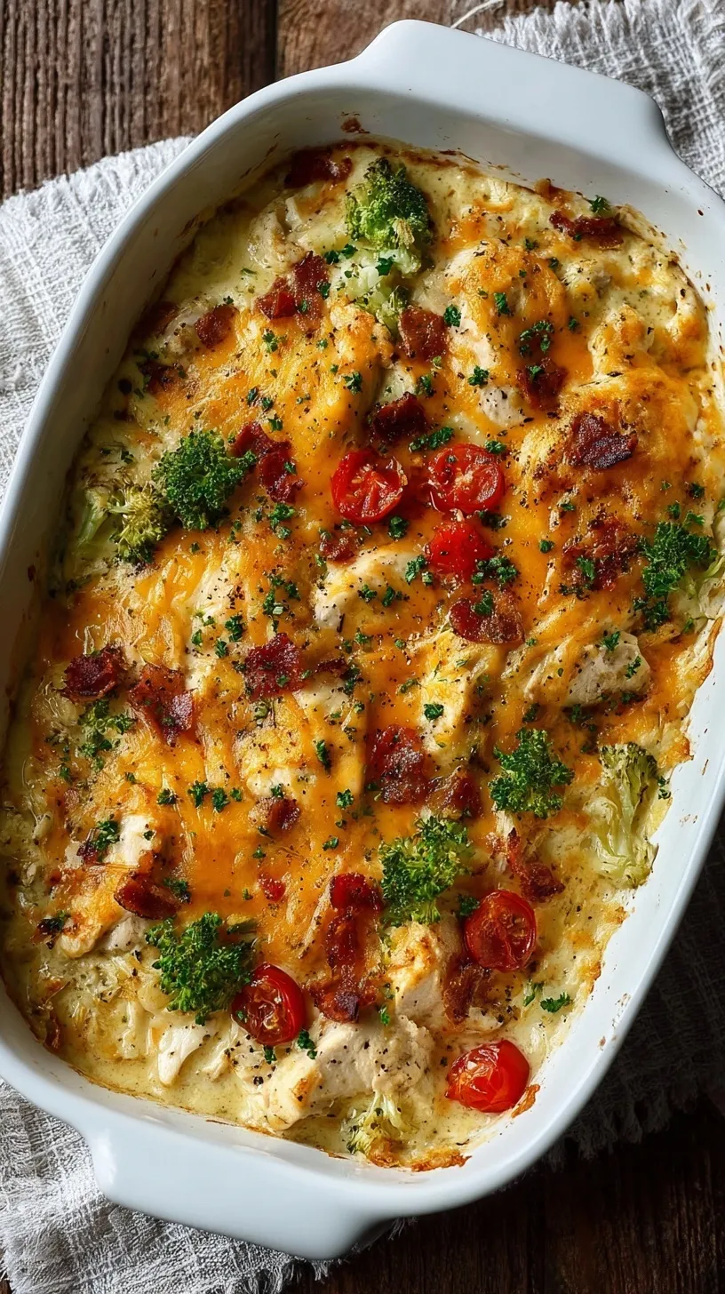 A creamy low carb chicken casserole topped with melted cheddar cheese and crispy bacon bits in a white baking dish.