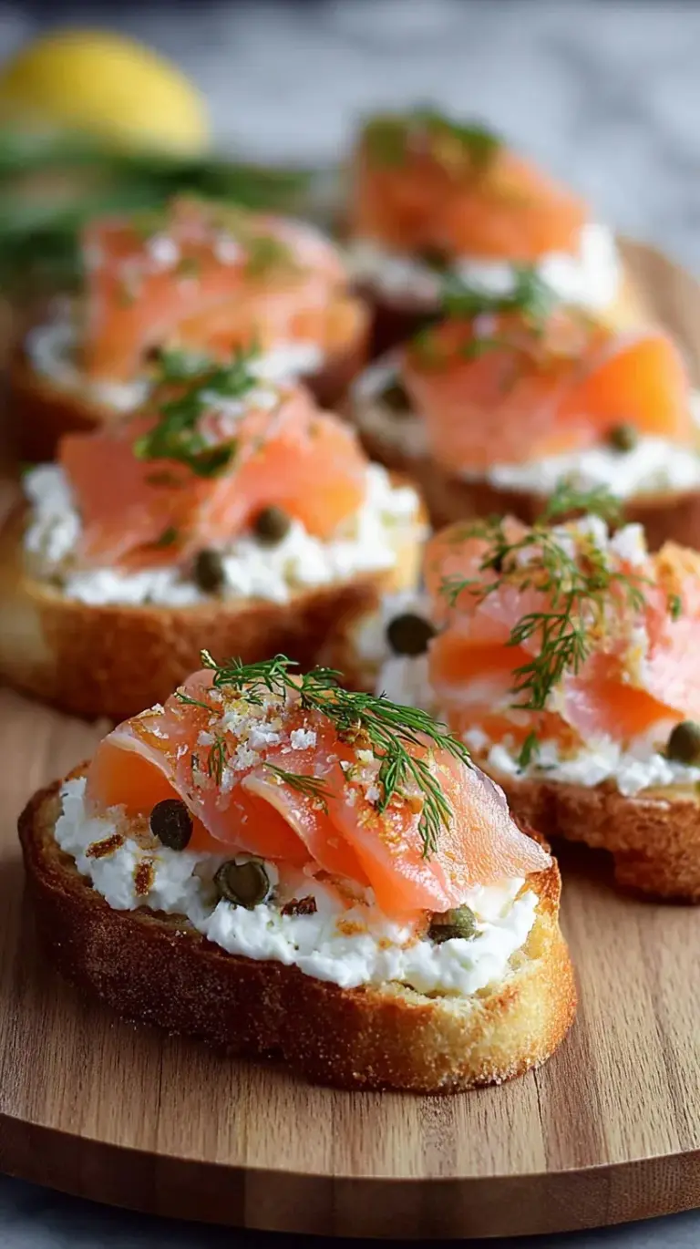 A platter of golden baguette slices topped with creamy cottage cheese, pink smoked salmon strips, and fresh green dill.
