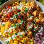 A vibrant Street Corn Chicken Rice Bowl with charred corn, seasoned chicken, cotija cheese, and fresh lime wedges.