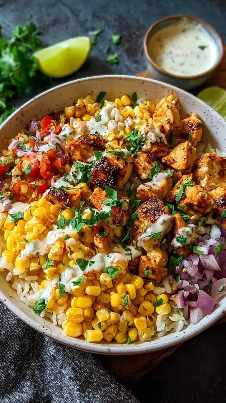 A vibrant Street Corn Chicken Rice Bowl with charred corn, seasoned chicken, cotija cheese, and fresh lime wedges.
