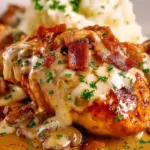 Pan-seared chicken breast topped with sautéed mushrooms, caramelized onions, and melted Monterey Jack cheese in a skillet.