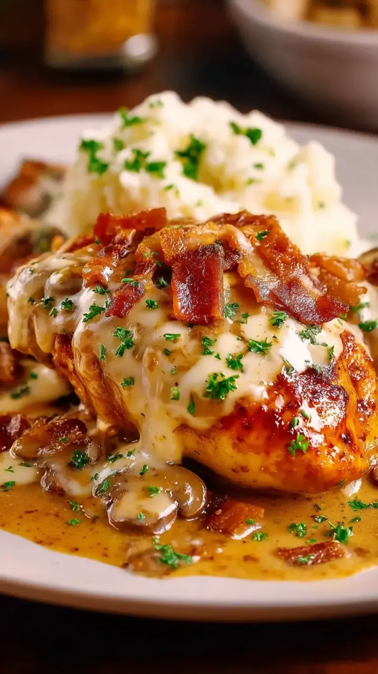 Pan-seared chicken breast topped with sautéed mushrooms, caramelized onions, and melted Monterey Jack cheese in a skillet.