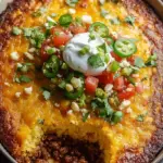 A golden brown Texas tamale pie in a baking dish with melted cheddar cheese and cornbread topping.