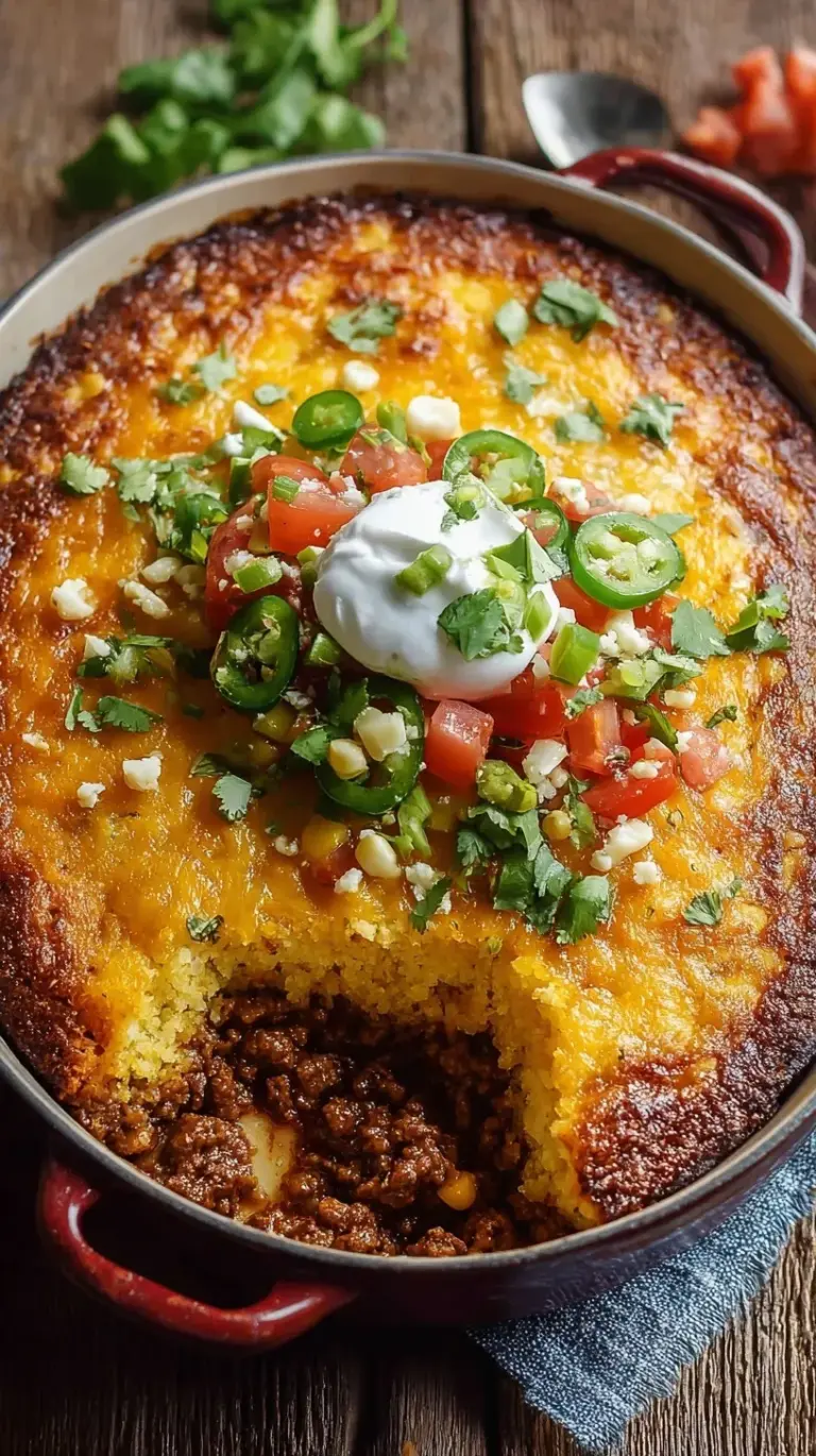A golden brown Texas tamale pie in a baking dish with melted cheddar cheese and cornbread topping.