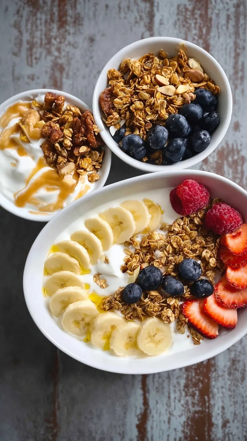A creamy high protein yogurt bowl topped with crunchy granola, fresh blueberries, and a drizzle of almond butter.