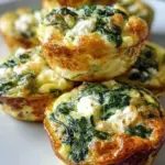 Golden baked egg muffins with fresh green spinach and white feta cheese in a muffin tin