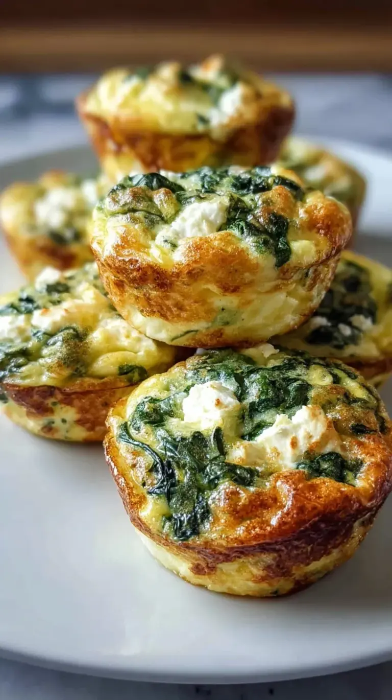 Golden baked egg muffins with fresh green spinach and white feta cheese in a muffin tin