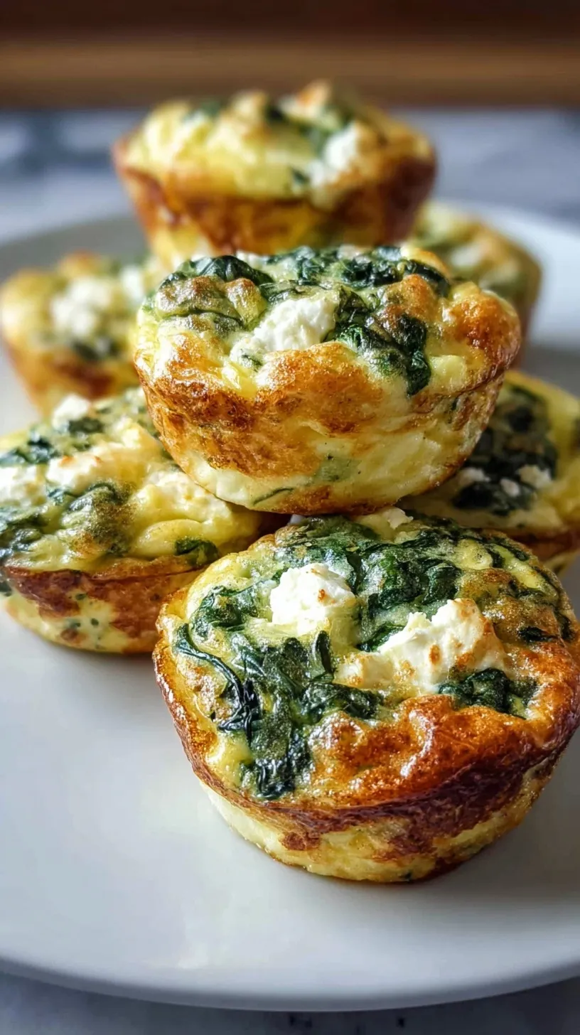Golden baked egg muffins with fresh green spinach and white feta cheese in a muffin tin