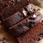 A sliced loaf of dark chocolate banana bread with melted chocolate chips on top.