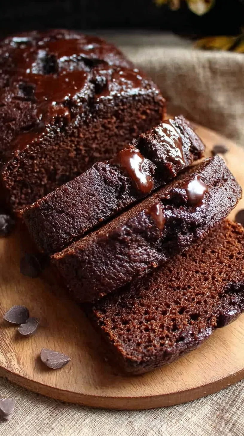 A sliced loaf of dark chocolate banana bread with melted chocolate chips on top.