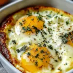 A golden, fluffy dish of baked eggs with melted cheese and fresh chives on top.