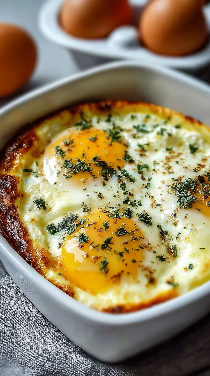 A golden, fluffy dish of baked eggs with melted cheese and fresh chives on top.