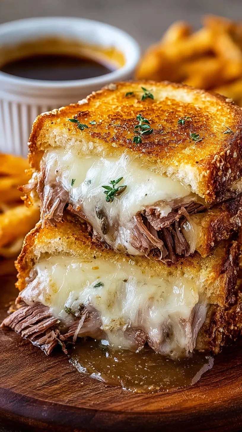 Golden brown French dip grilled cheese sandwich sliced diagonally with a side of savory beef au jus.