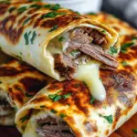 Slices of roast beef and cheese tortilla roll ups served with a small bowl of warm au jus dipping sauce.