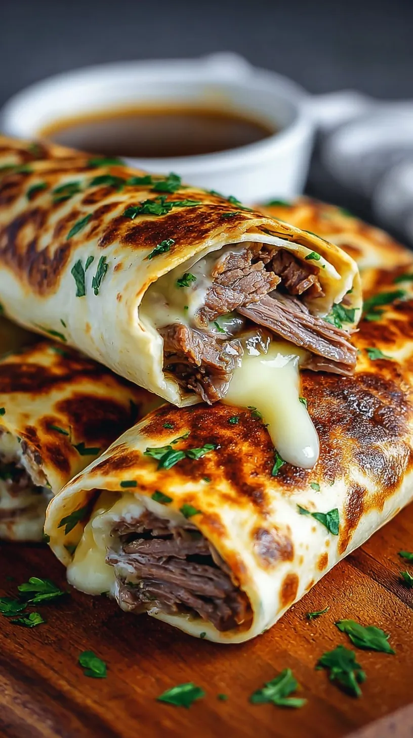 Slices of roast beef and cheese tortilla roll ups served with a small bowl of warm au jus dipping sauce.